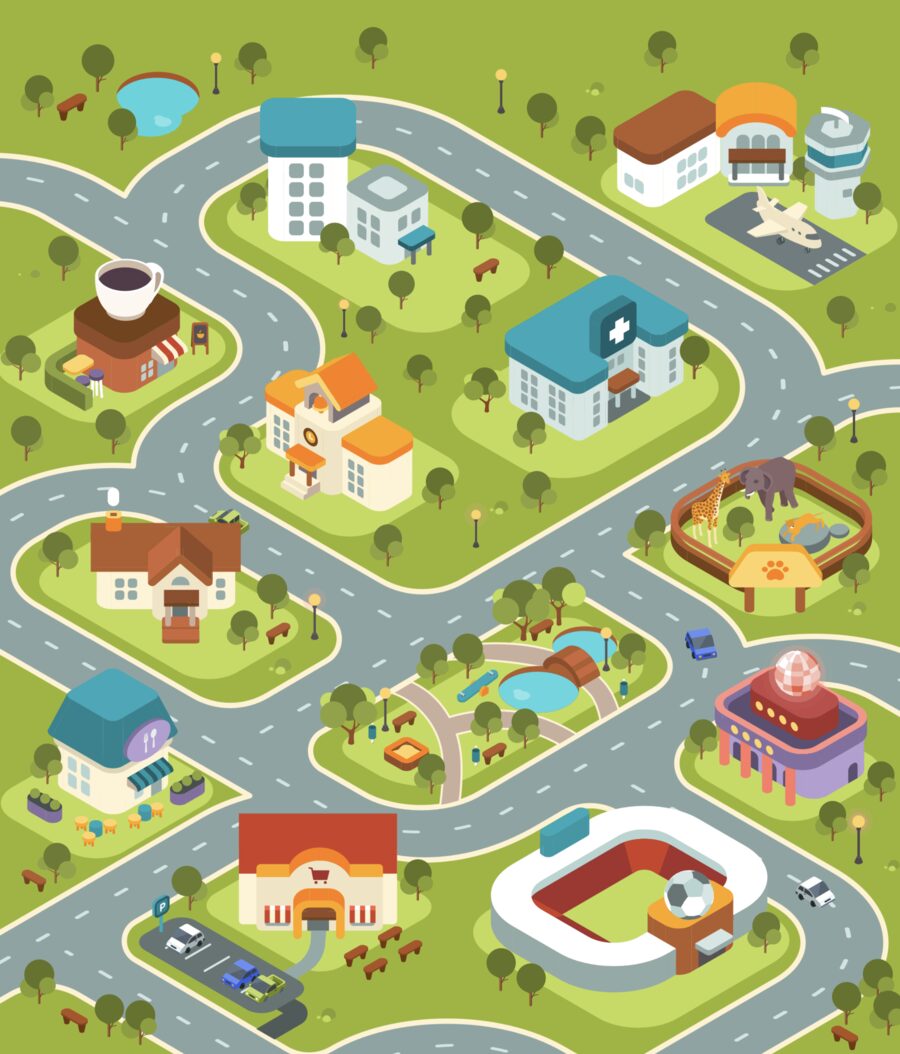 Illustrated town map of practice scenarios